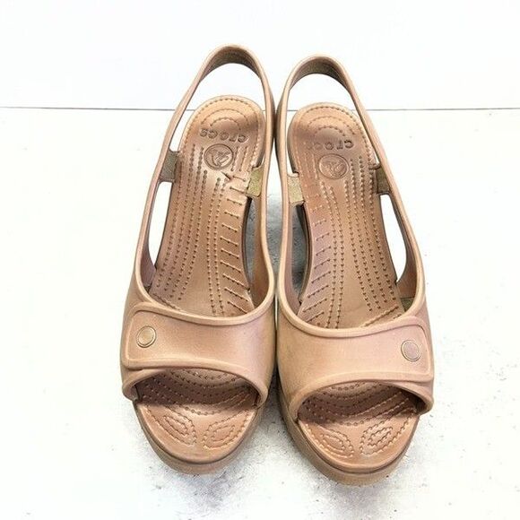 Crocs Havana Peep Toe Brown Slingback Platform Wedge Sandals Womens Size 10 - Picture 3 of 10